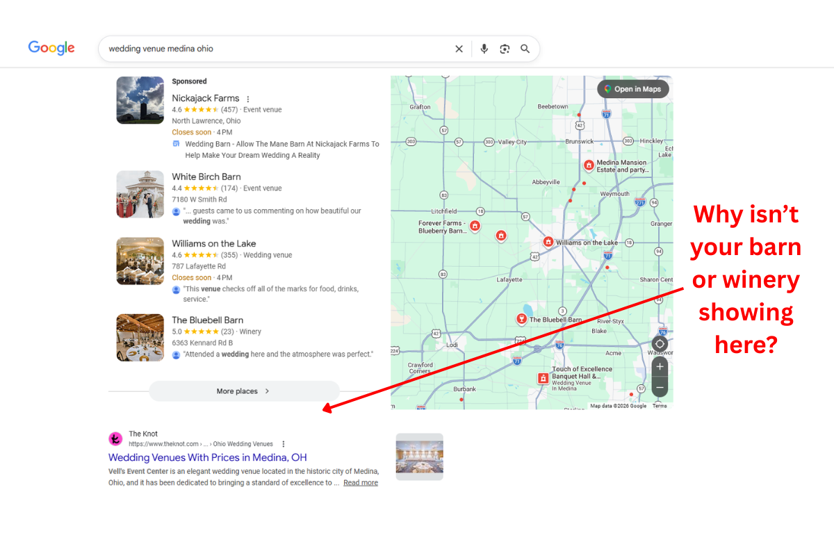 Google search results for wedding venue Medina Ohio — why isn't your barn or winery showing here?