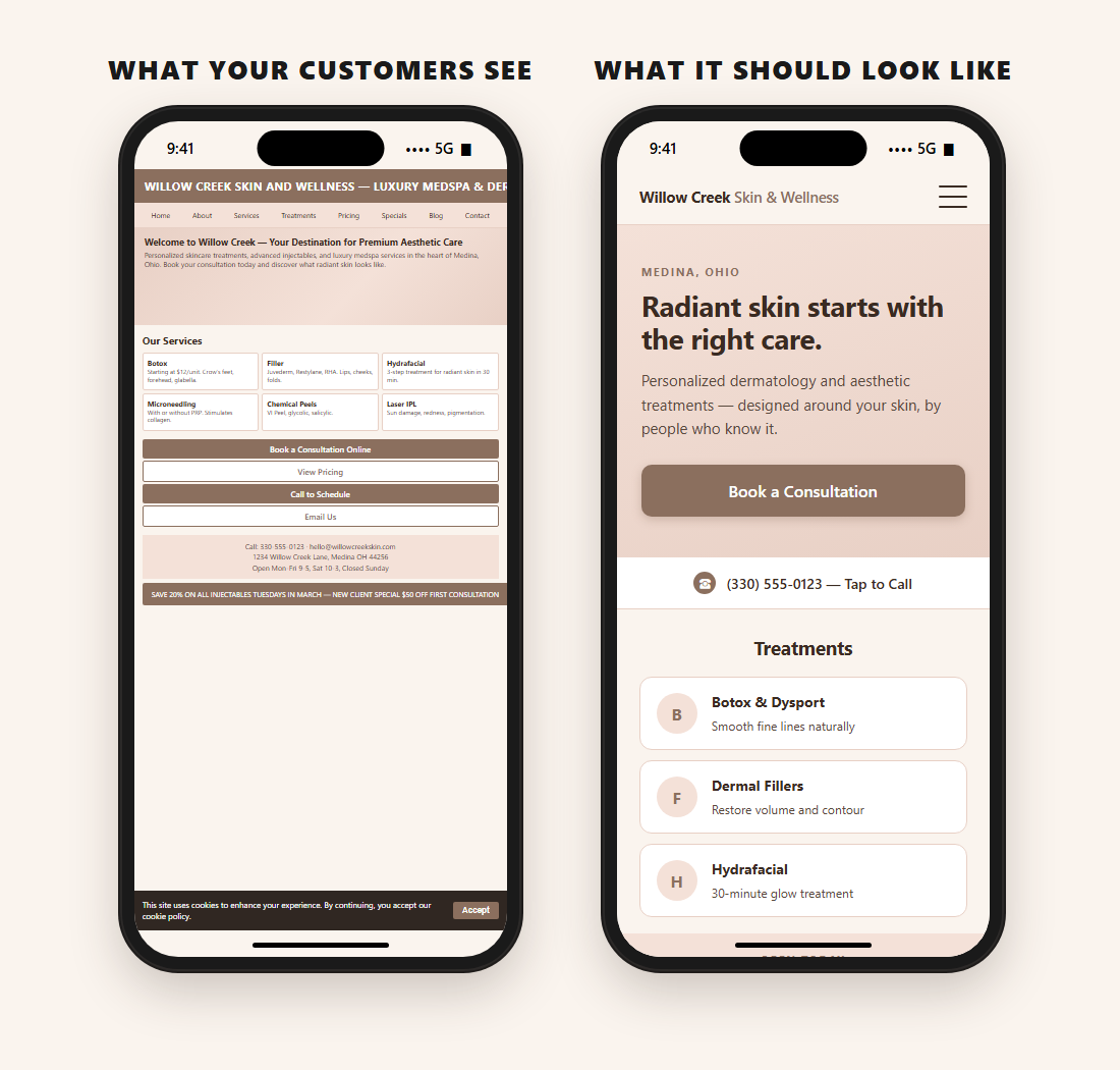 Side-by-side comparison of a poorly designed mobile website versus a well-designed one for a small business